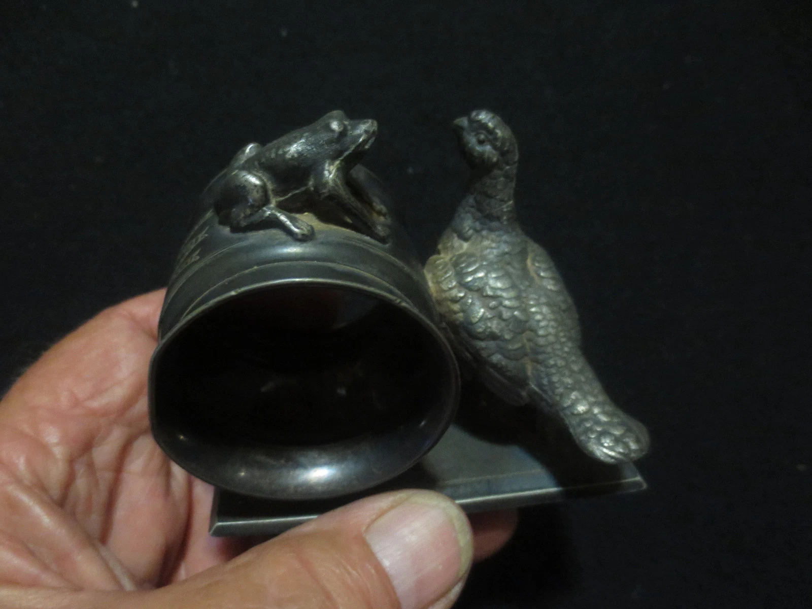 frog & pheasant figural napkin ring. Aurora Silver Plate Co. 59
