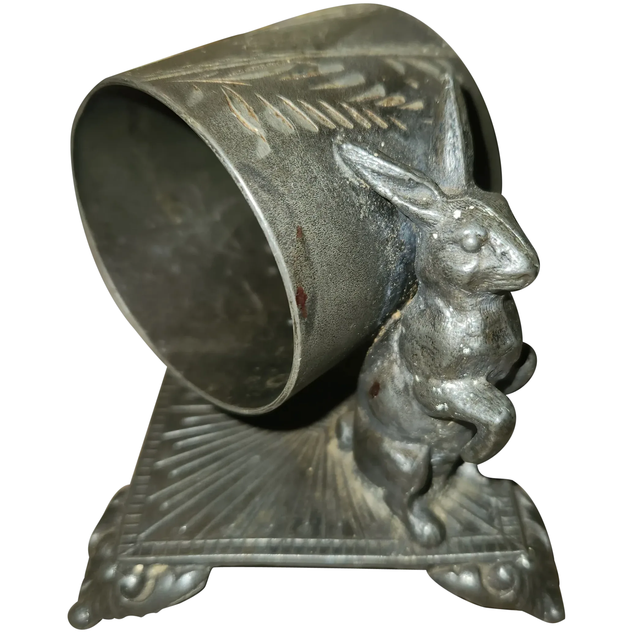 rabbit on square base at angle figural napkin ring. unmarked. looks authentic.